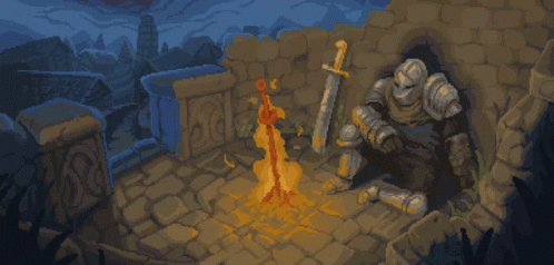 A weary knight resting beside a bonfire